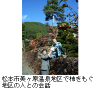 写真：松本市美ヶ原温泉地区で柿をもぐ地区の人との会話