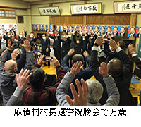 写真：麻績村村長選挙祝勝会で万歳