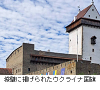 写真:城壁に掲げられたウクライナ国旗